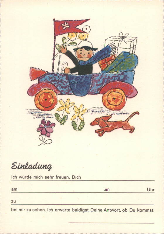 Invitation: Boy Driving Car with Gifts and Dog Illustration Germany