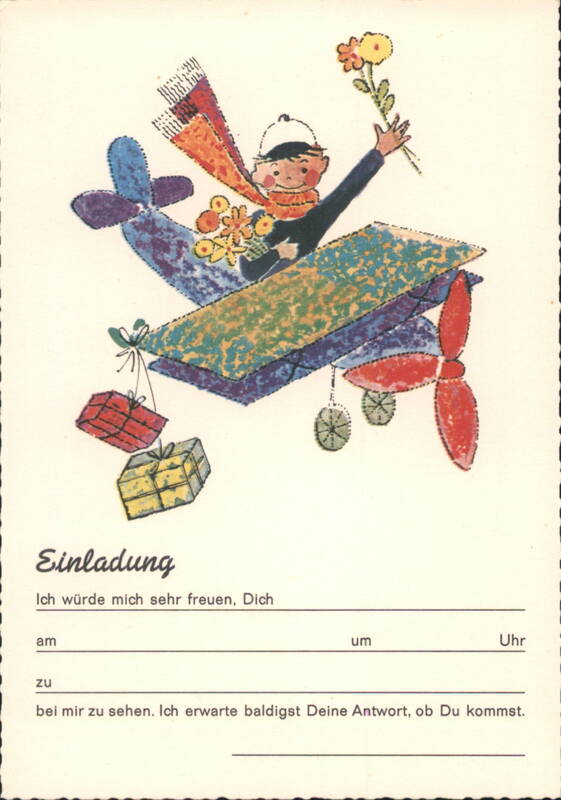 Boy Flying Airplane with Gifts & Flowers Invitation Germany