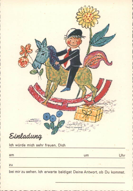 German Invitation Card: Boy on Rocking Horse and Flowers Germany