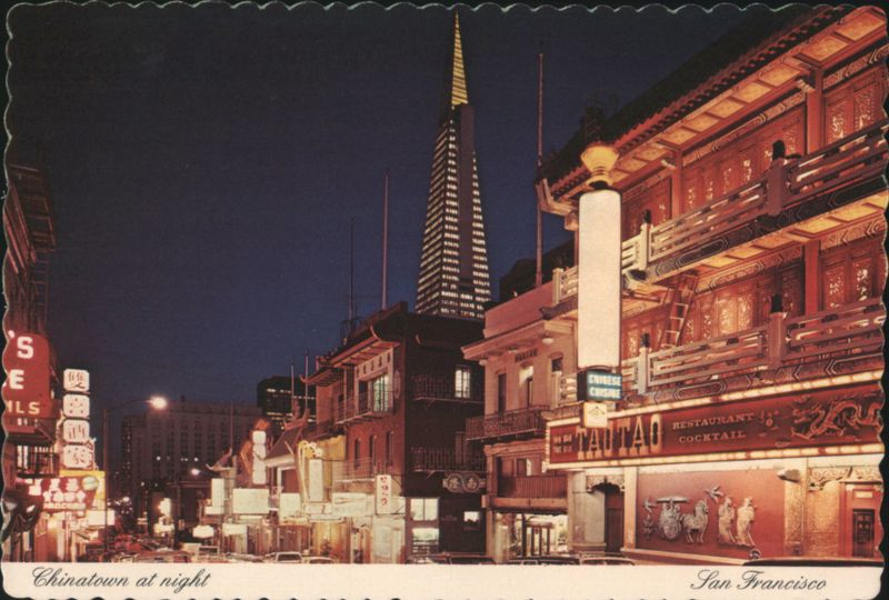 Chinatown at Night with Transamerica Pyramid, San Francisco California