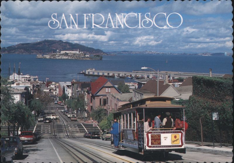 San Francisco Cable Car Descending Hyde Street with Alcatraz California