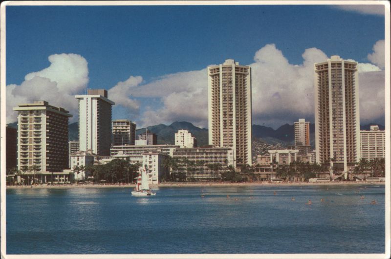 Waikiki Beach Skyline with Sailboat, Honolulu Hawaii