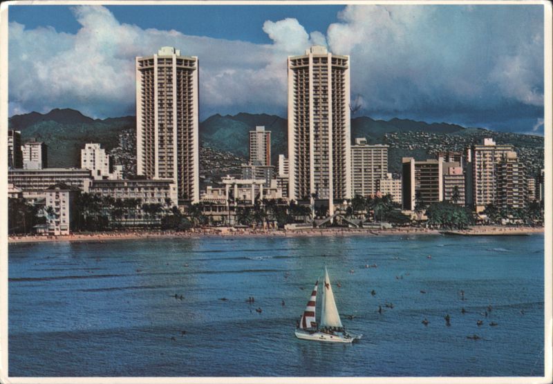 Waikiki Beach with Hyatt Regency Twin Towers, Sailboat Honolulu Hawaii