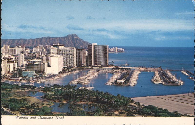 Waikiki Hotels and Ala Wai Yacht Harbor with Diamond Head Honolulu Hawaii