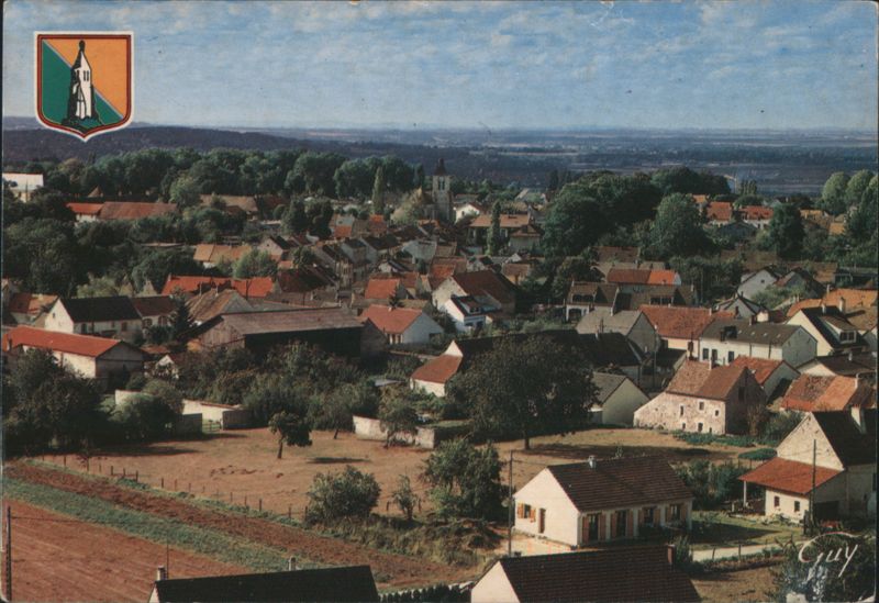 Elevated View of Quincy-Voisins with Church Steeple and Coat of Arms France