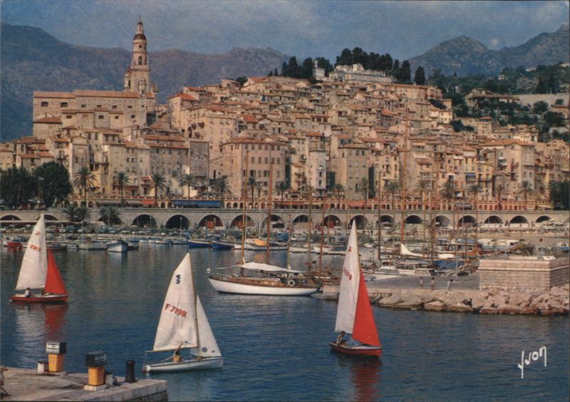 Menton Harbor and Old Town with Sailboats, Côte d'Azur France