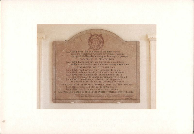 Commemorative Plaque: Faculty of Theology, Montauban/Montpellier France
