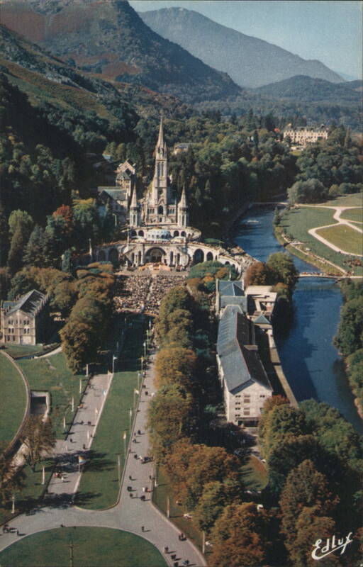 Aerial View of the Basilica and the Gave in Lourdes France
