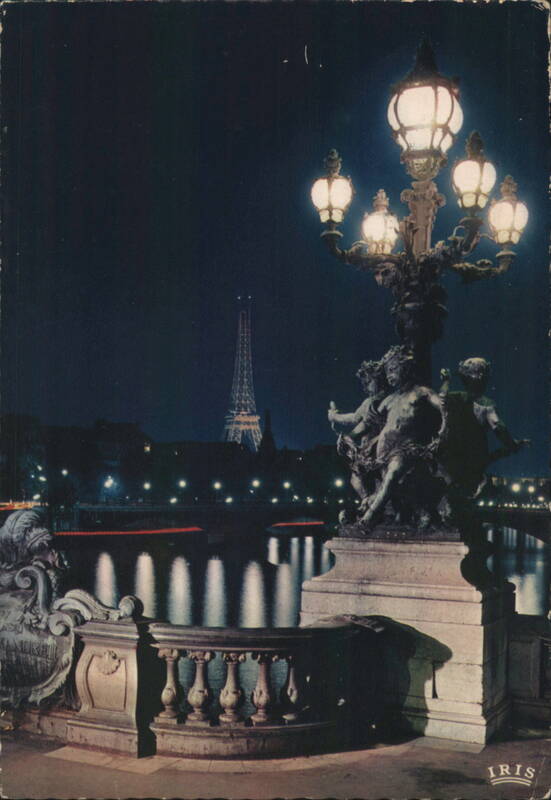 Eiffel Tower & Ornate Lamp at Night, Pont Alexandre III Paris France