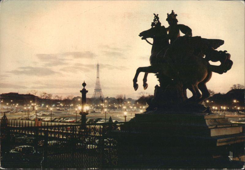 Eiffel Tower & Place de la Concorde Statues at Dusk, Paris France