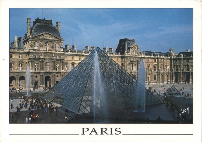 Louvre Museum and Pyramid with Fountains, Paris France