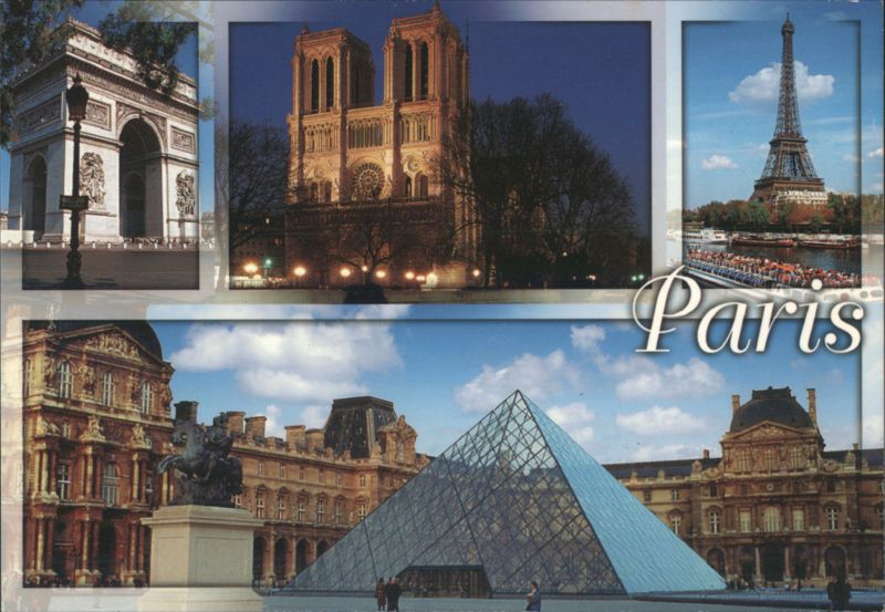 Paris Landmarks Collage: Arc de Triomphe, Eiffel Tower, Notre-Dame, Louvre France