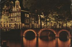 Canal Houses and Bridge at Night, Amsterdam Postcard