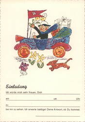 Invitation: Boy Driving Car with Gifts and Dog Illustration Postcard