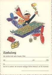 Boy Flying Airplane with Gifts & Flowers Invitation Postcard