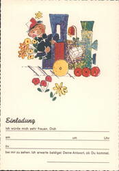 Children's Invitation with Train and Flowers Illustration Postcard