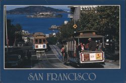 Cable Cars on Hyde Street with Alcatraz Island Postcard