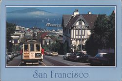 San Francisco Cable Car on Street with Bay View Postcard