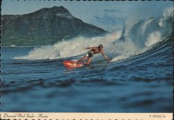 Surfer with Diamond Head in Background, Hawaii Postcard