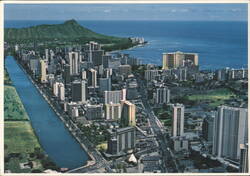 Aerial View of Waikiki Beach and Ala Wai Canal with Diamond Head Postcard