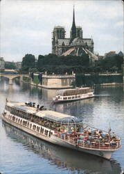 Bateaux Mouches Tour Boats on Seine River with Notre-Dame Postcard
