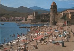 Collioure Beach with Church and Royal Castle Postcard