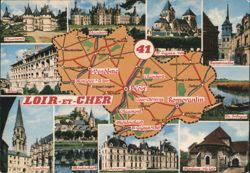Loir-et-Cher Department Map and Châteaux of France Postcard