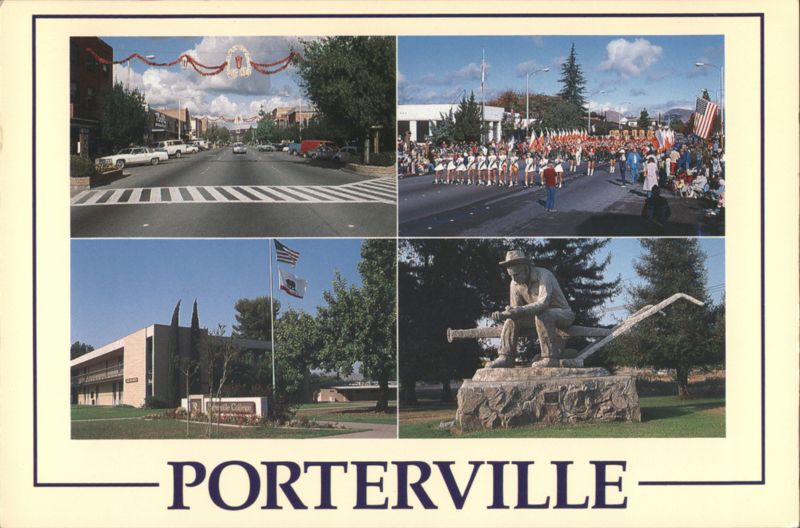 Porterville: Main Street, Parade, College & Farmer Statue California