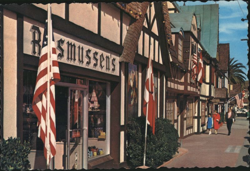 Danish Shops with Flags on Street in Solvang, California