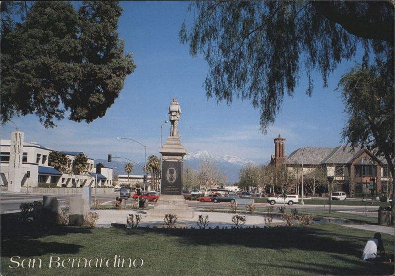 San Bernardino Pioneer Monument with Snow-Capped Mountains California