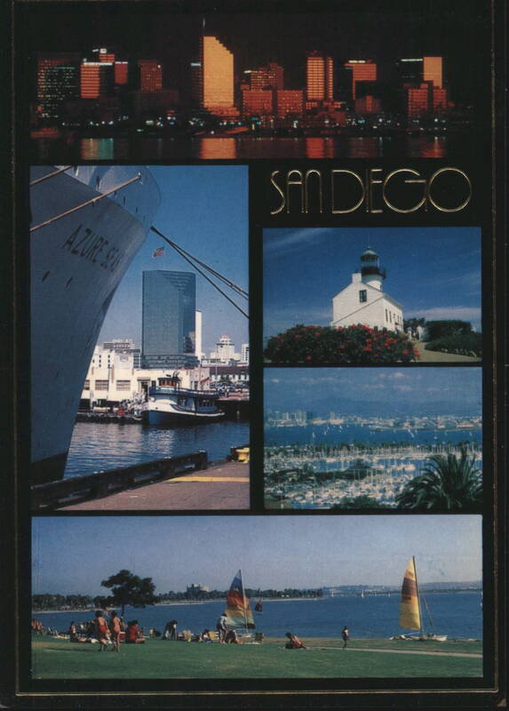 San Diego: City Skyline, Azure Seas Ship, Lighthouse, Harbor California
