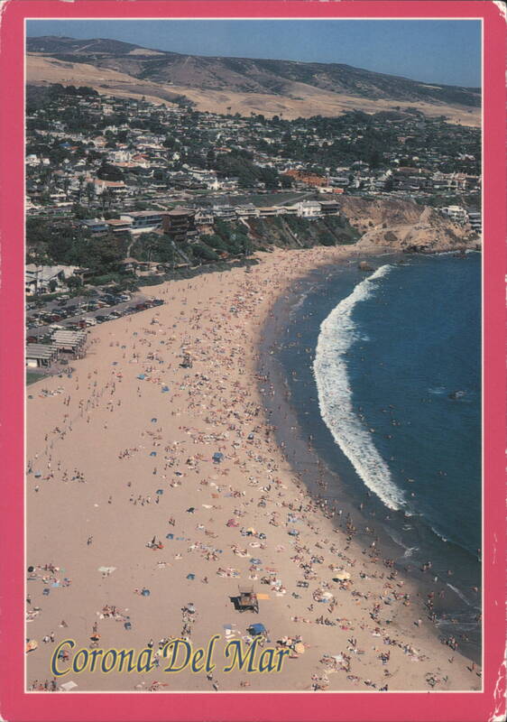 Corona Del Mar Beach, Crowded Shoreline and Pacific Ocean California