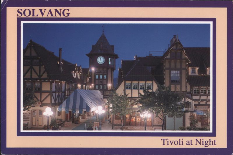Solvang Tivoli Square at Night with Clock Tower California