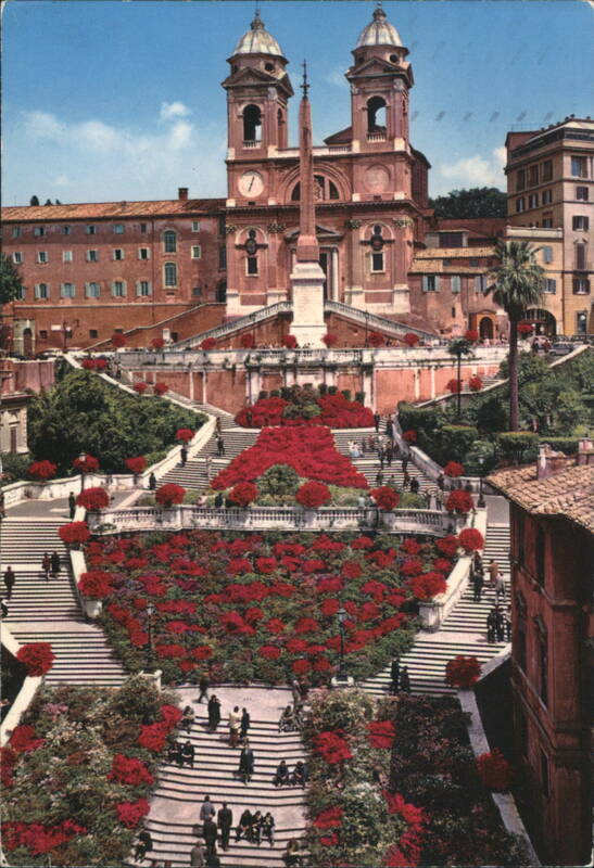 Spanish Steps with Red Flowers & Trinità dei Monti Church Rome Italy