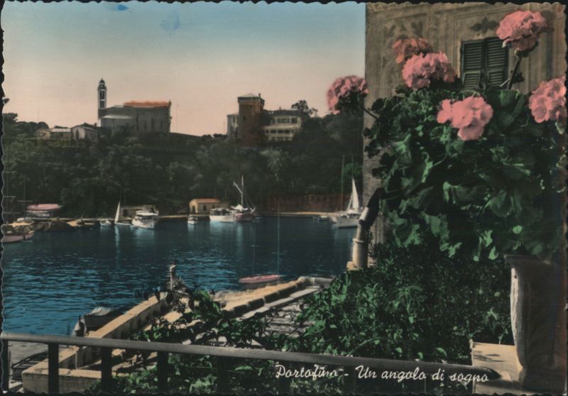 Portofino Harbor with Pink Hydrangeas and Church Tower Italy