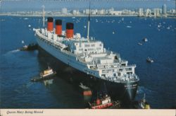 Queen Mary Being Moved to Long Beach, CA, with Tugboats Postcard