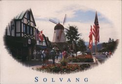 Danish Village with Windmill and Flags, Solvang, CA Postcard