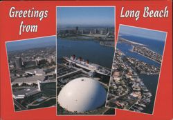 Greetings from Long Beach: Cityscape, Queen Mary, and Dome Postcard