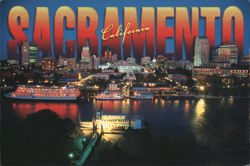 Sacramento California Night Skyline and Riverboats Postcard