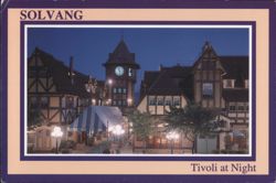 Solvang Tivoli Square at Night with Clock Tower Postcard