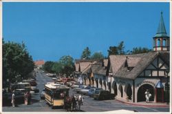 Horse-Drawn Trolley and Danish Architecture, Solvang Postcard
