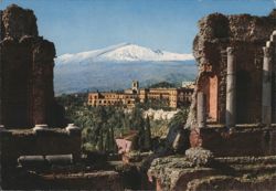 Taormina: Panoramic View of Mount Etna with Ancient Ruins Postcard