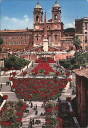 Spanish Steps with Red Flowers & Trinità dei Monti Church Postcard