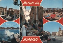 Multiple Views of Rimini including Market and Beach Postcard
