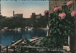 Portofino Harbor with Pink Hydrangeas and Church Tower Postcard