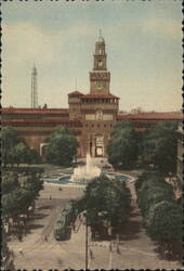 Sforzesco Castle with Fountain and Tram, Milan Postcard