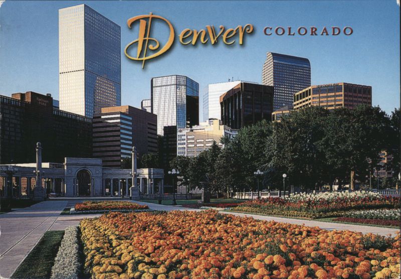 Denver Colorado Cityscape with Skyscrapers and Flowerbeds