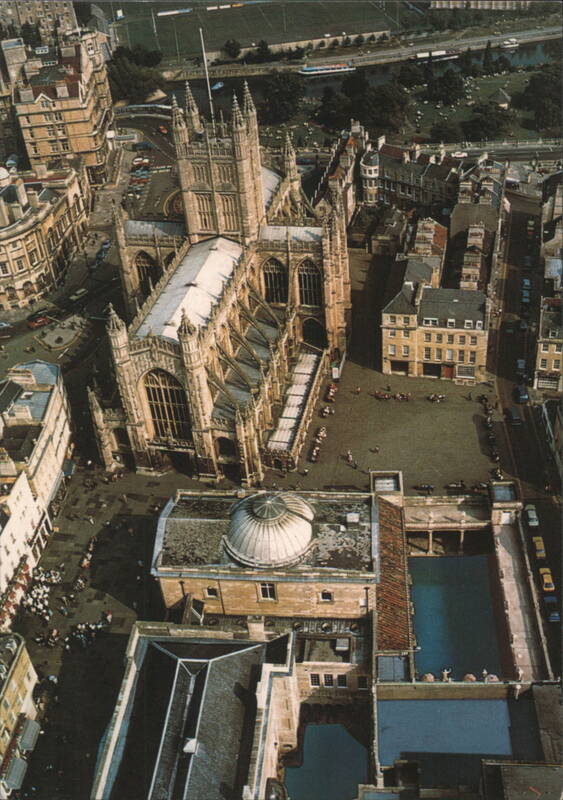 Aerial View of Roman Baths, Pump Room, and Abbey in Bath United Kingdom