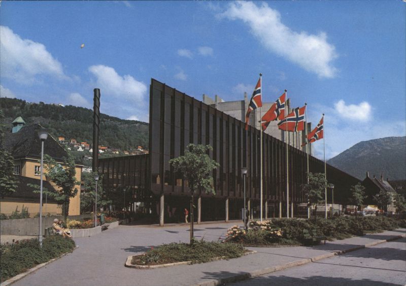 Grieghallen Concert Hall with Flags, Bergen Norway