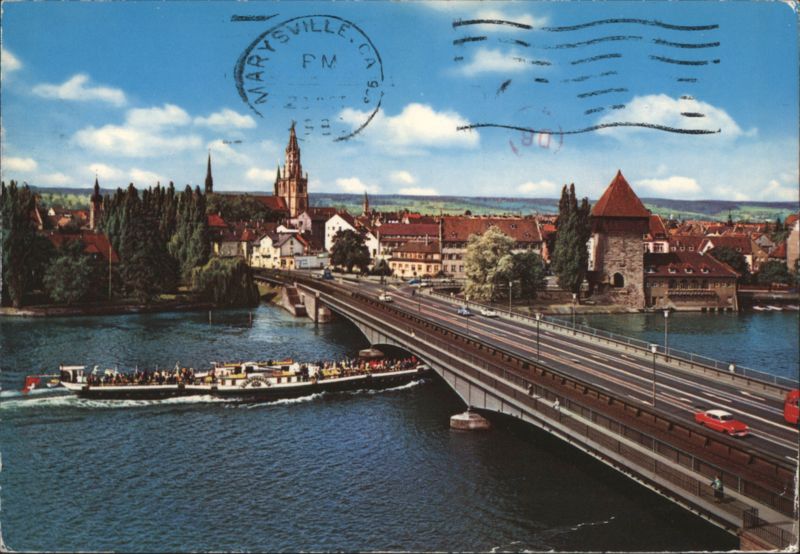 Konstanz View with Rhine Bridge and Cathedral Germany
